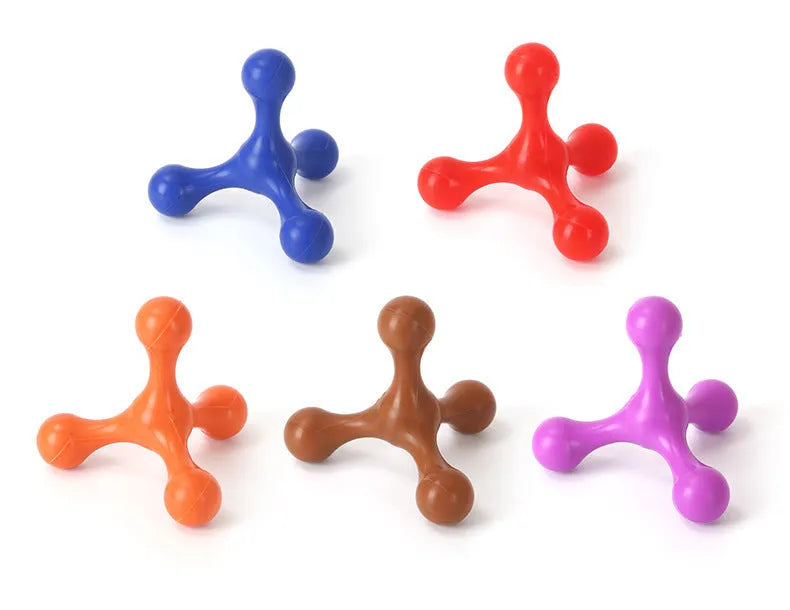 Blue beef-flavoured silicone chew toy for small puppies with three legs, shown next to a ruler measuring 9.5cm.