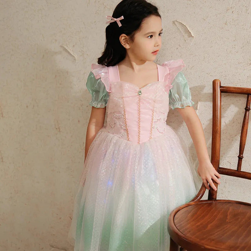 Little girl cotton princess dress with short sleeves and gauze skirt in solid colour with cartoon and flower pattern