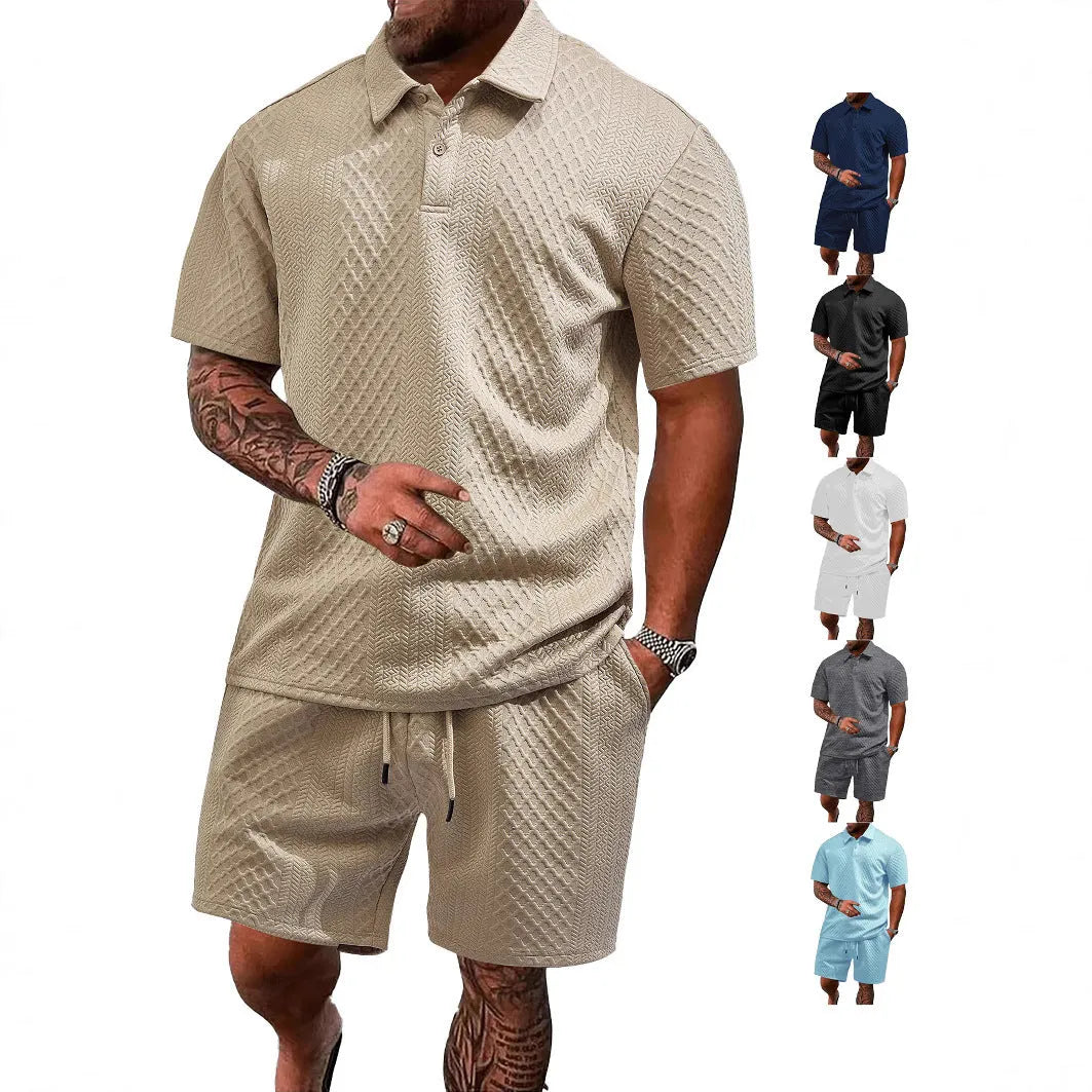 Men's patterned short sleeve polo suit set in a choice of colours including black, navy, and wine red.