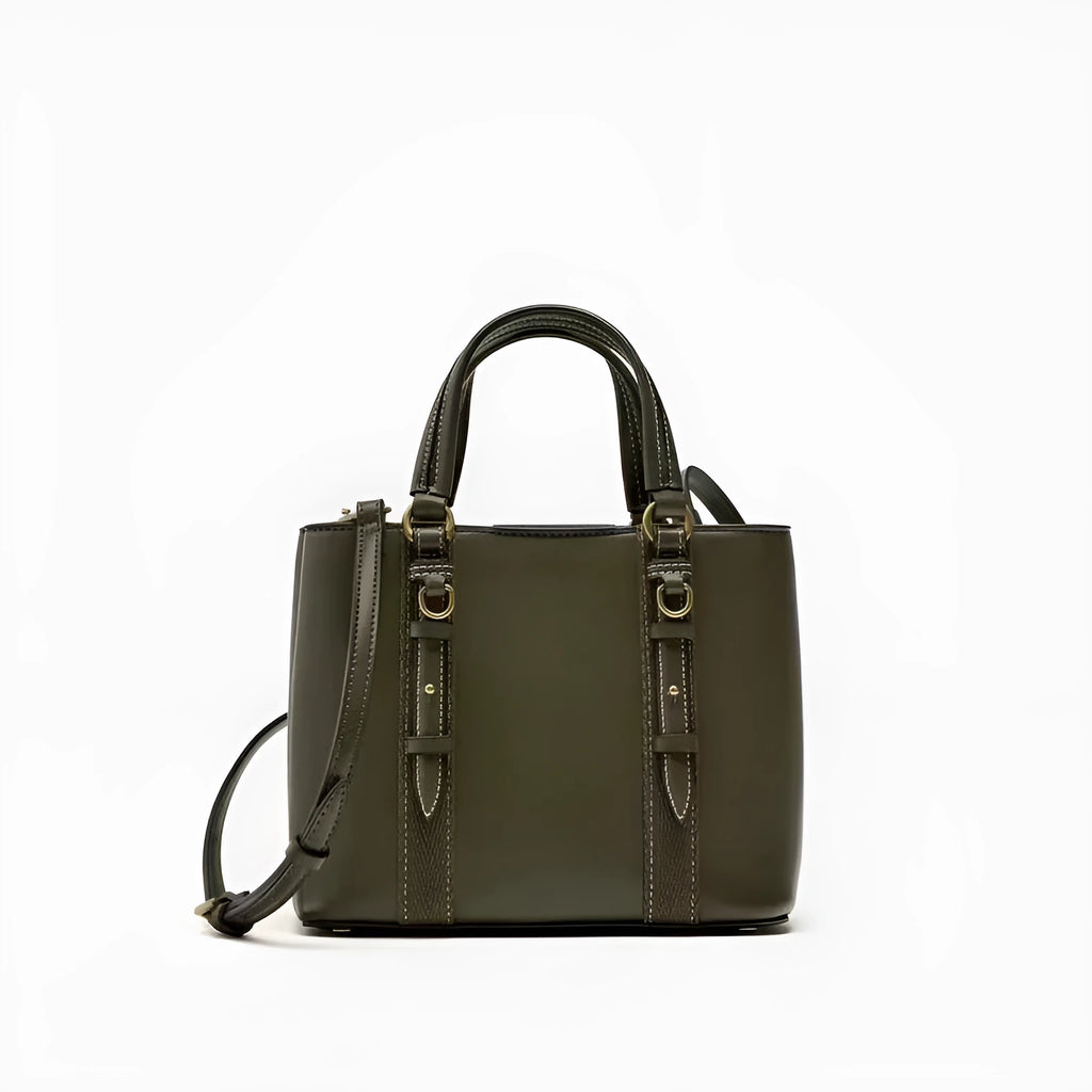 Women's olive green mini city messenger bag in PU leather with single shoulder strap and horizontal square shape