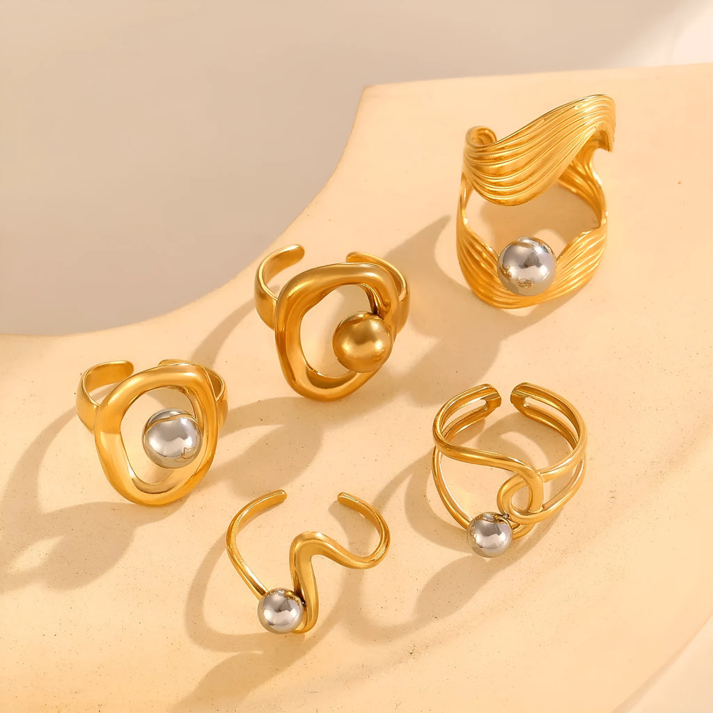 Stainless steel open ring with 18K real gold finish, geometric hollow line and ellipse shape for women