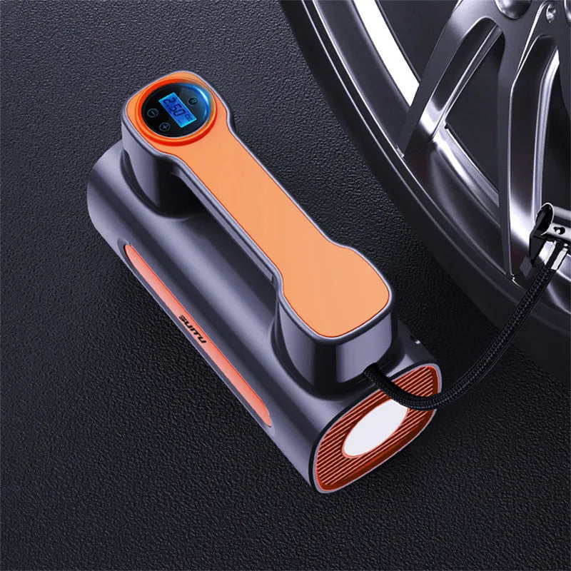 Cordless tyre inflator with digital display and LED light charging via USB