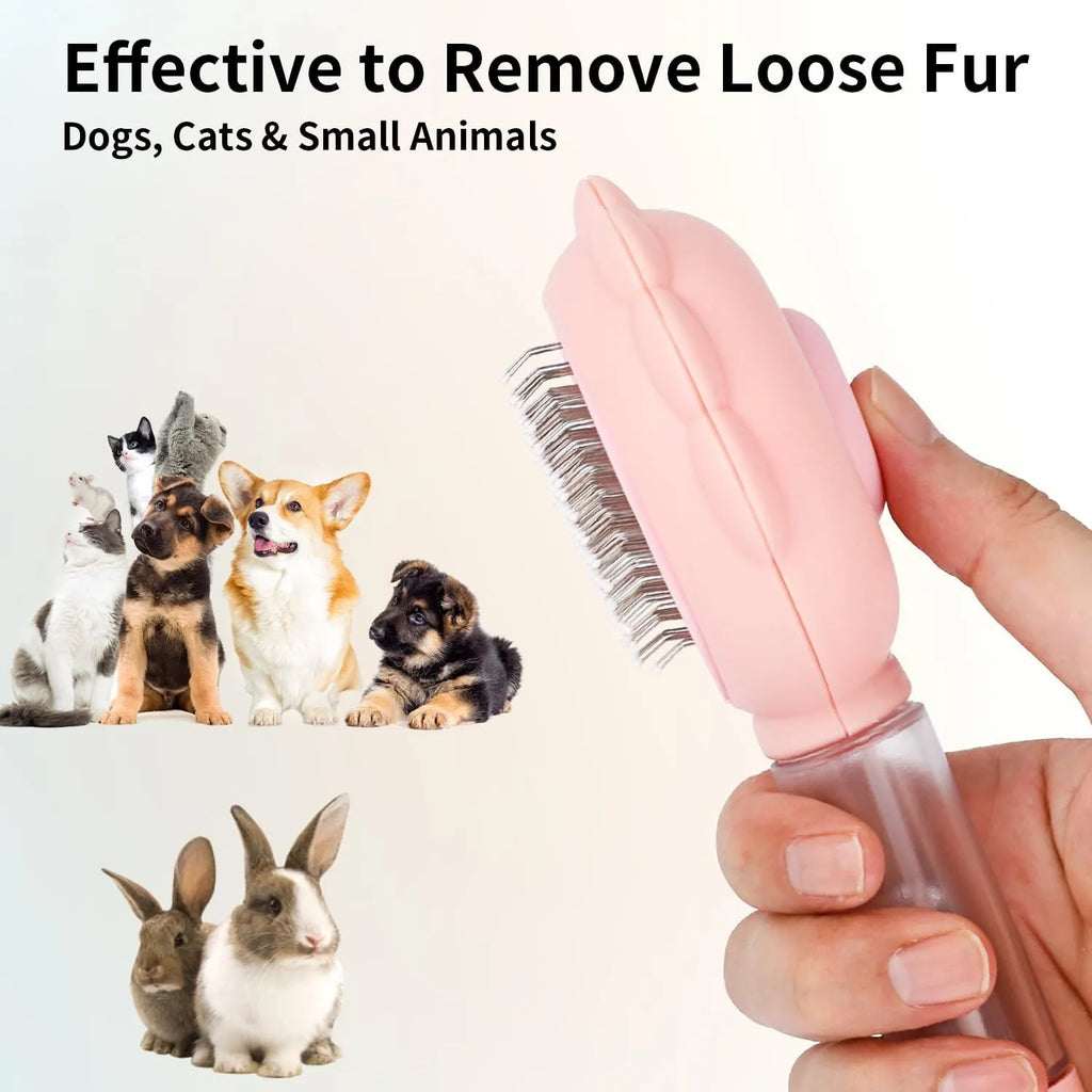 Grey spray cat brush with release button for grooming pets and removing loose hair.