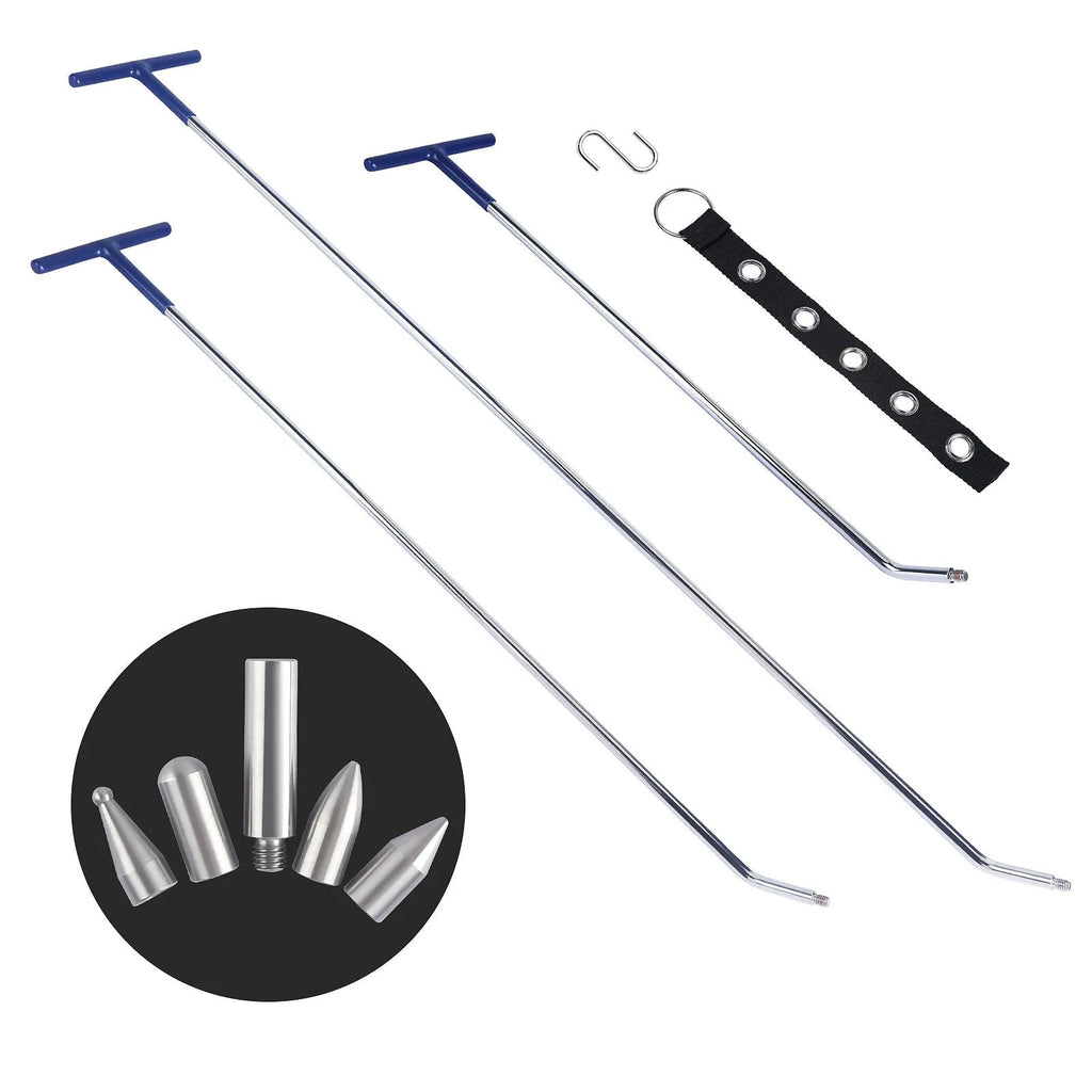 Three-piece alloy steel car dent repair tool set with hooks and a crowbar on a workbench.