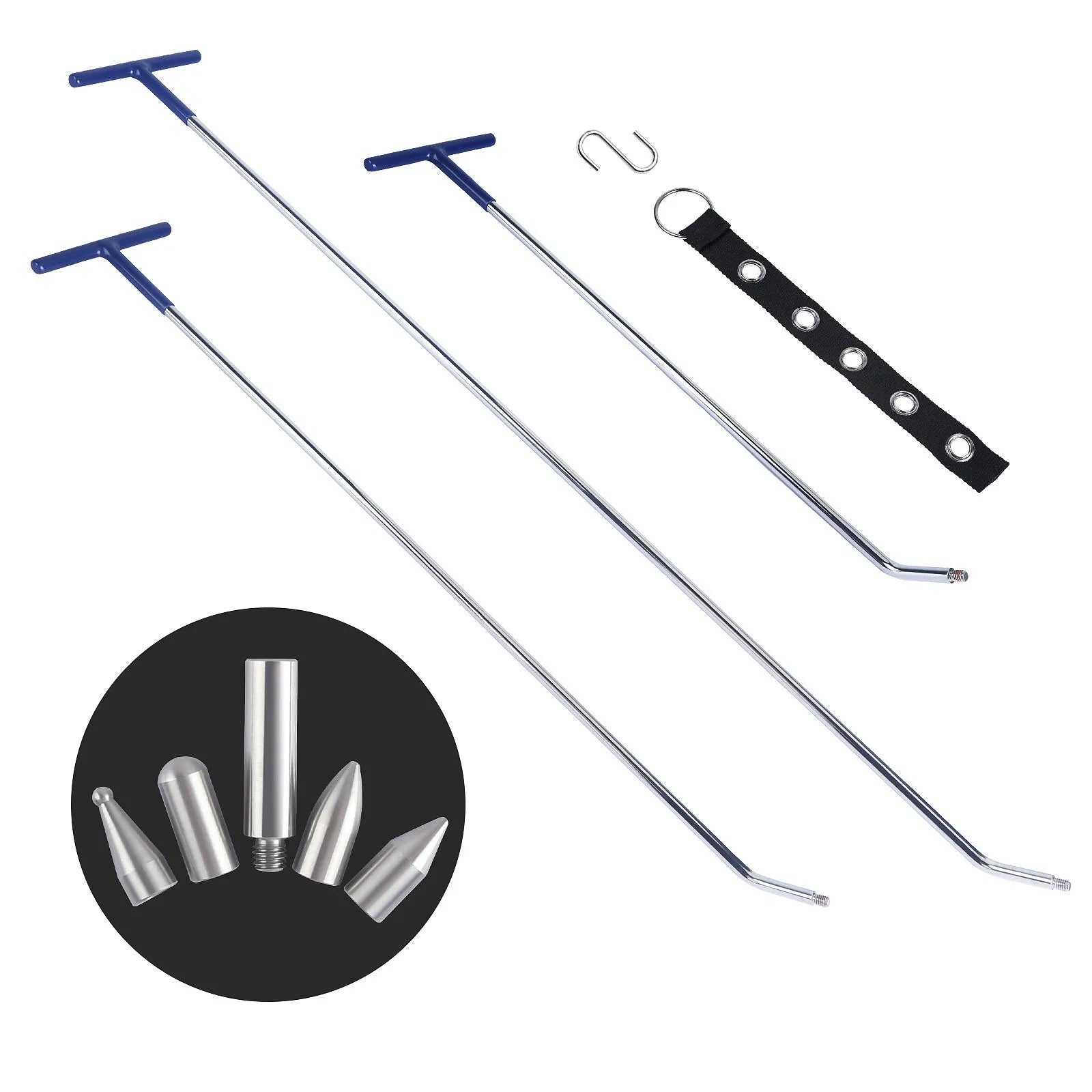 Three-piece alloy steel car dent repair tool set with hooks and a crowbar on a workbench.