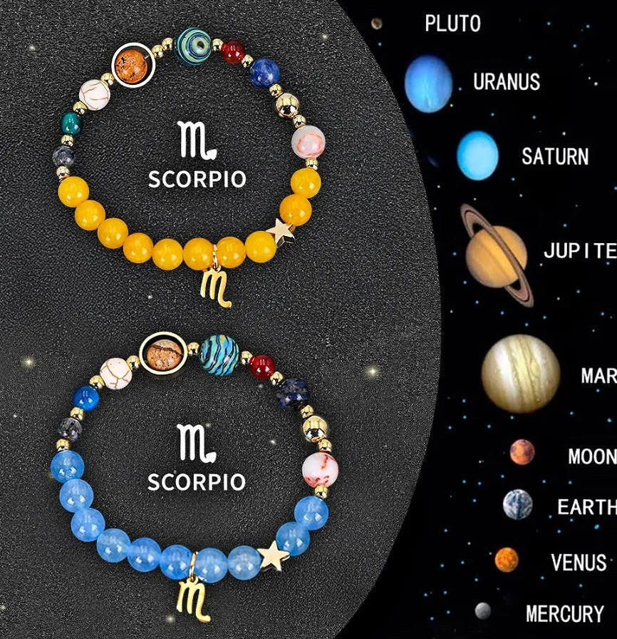 Twelve zodiac sign natural stone beaded bracelets showing different astrology designs