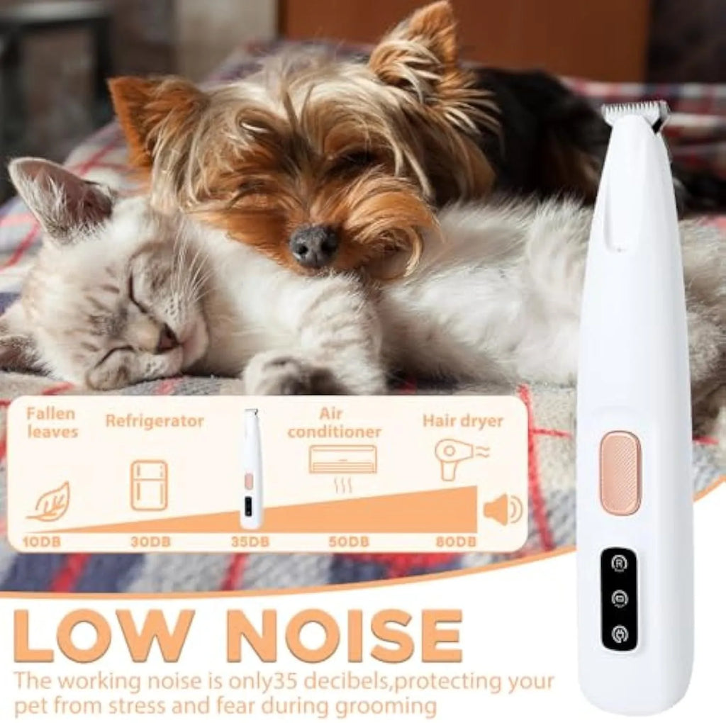 White rechargeable electric dog paw trimmer with LED light showing 17.7cm length