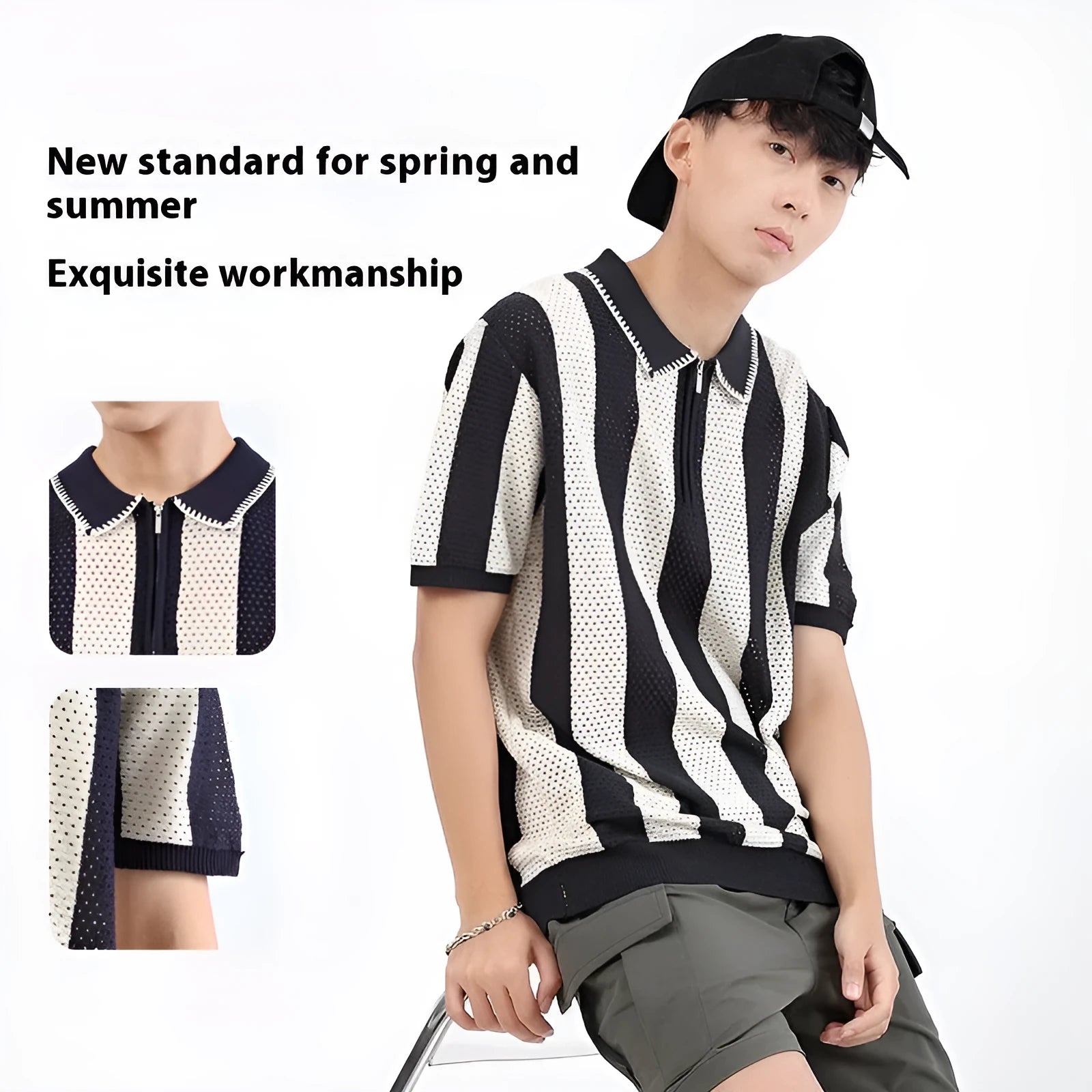 Man modelling a striped short sleeve viscose sweater with a decorative front zipper.