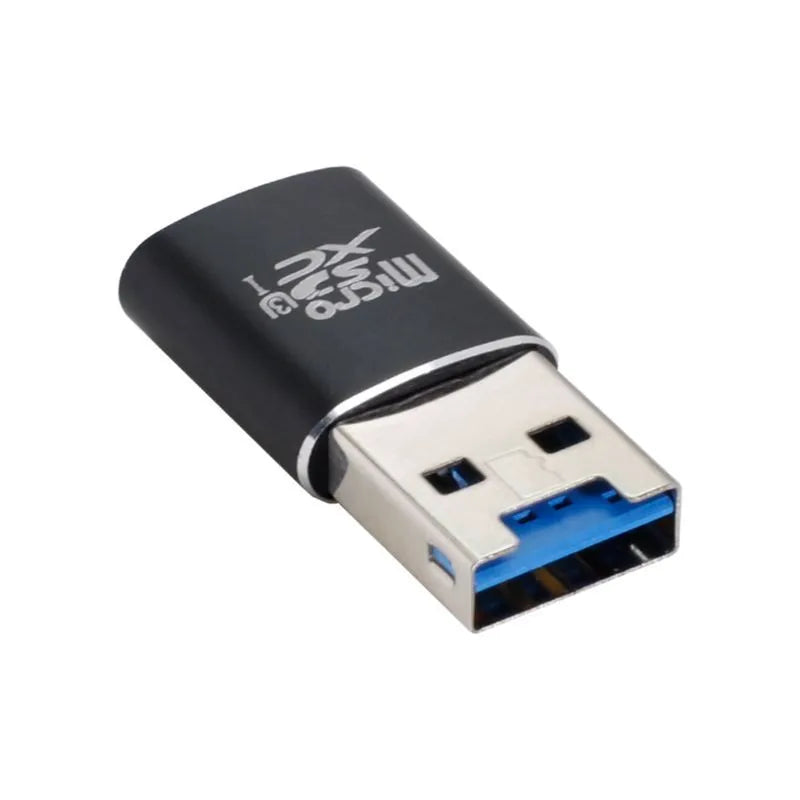 Black USB 3.0 card reader for Micro SD, SDHC, and SDXC memory cards on a white background.