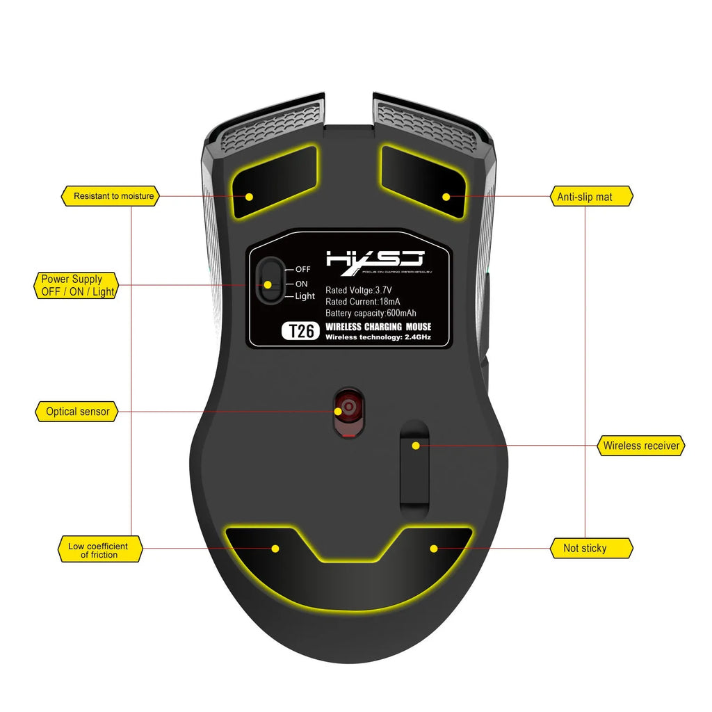 Black TYPE-C wireless gaming mouse with RGB light, 7 buttons, 2400DPI, and USB receiver