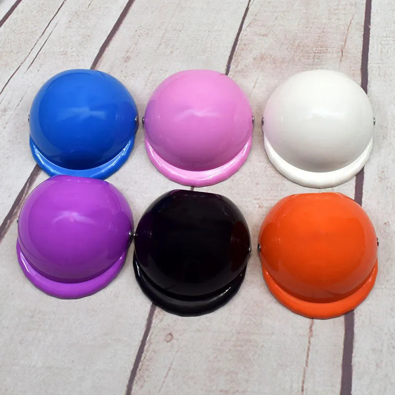 Plastic dog motorcycle helmet cap in pink colour showing Japanese Korean style design with size measurement