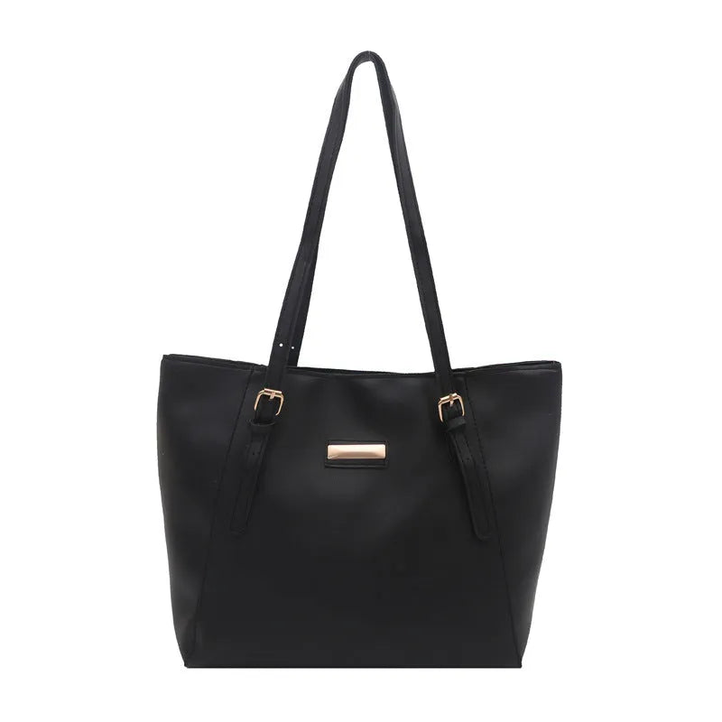 Large capacity women's retro PU shoulder bag in black with double connector straps and three-dimensional outer pocket