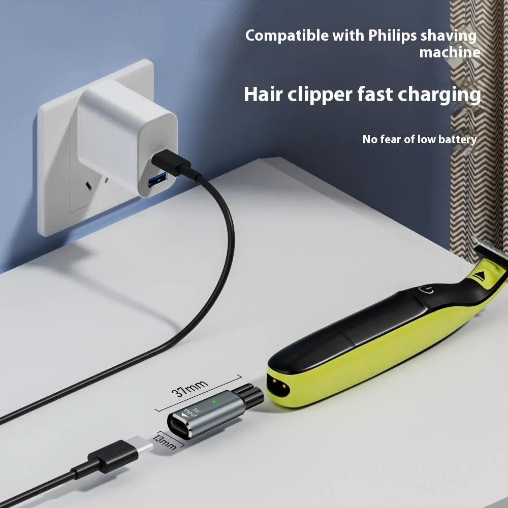 USB-C charging adapter for electric shaver with aluminium alloy case in black or grey colour