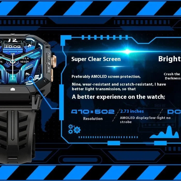 Smart watch with Bluetooth calling and gas compass in black, showing touch-button operation and IPS screen