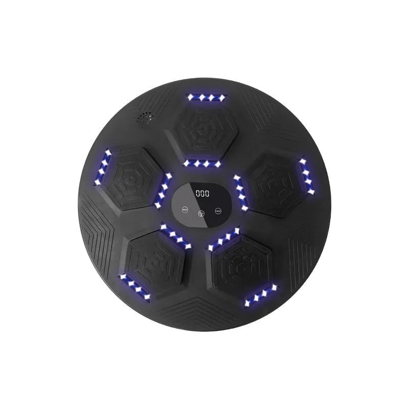 Smart music-reactive boxing punch target mounted on a wall, shown in orange with matching gloves.