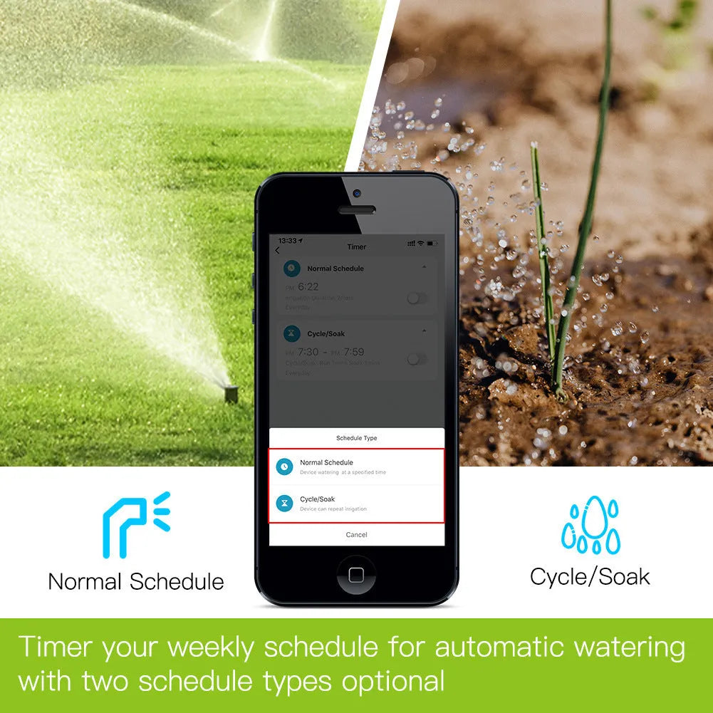 Bluetooth smart garden water timer with digital display connected to a garden hose