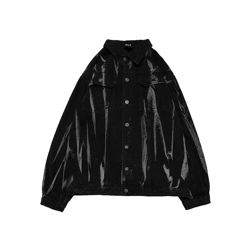 Men's Hong Kong style tie-dye denim coat in gray, loose fit with side seam pockets, autumn casual wear