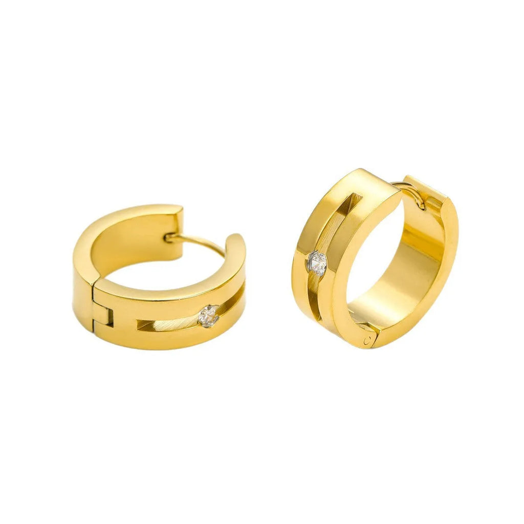 Pair of geometric diamond ear clips in 18K electroplated stainless steel, shown in gold, colour matching, and rose gold options