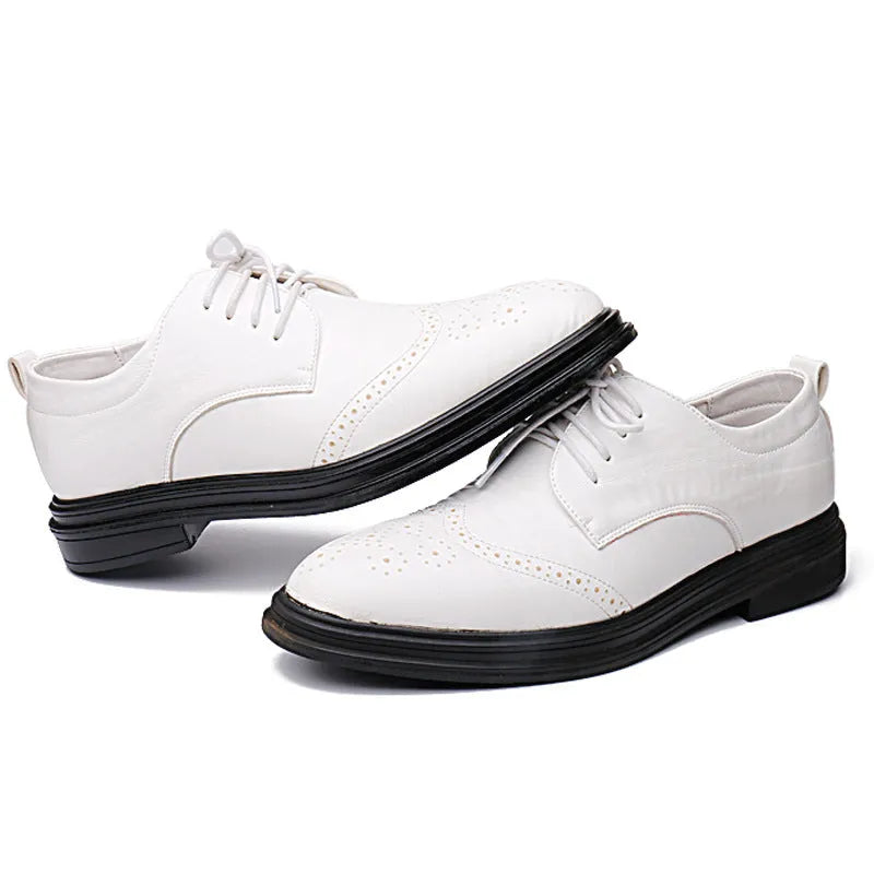 Men's anti-slip dress shoes with leather lining, rubber sole, square heel, round toe and embossed grid pattern, sizes 38-45