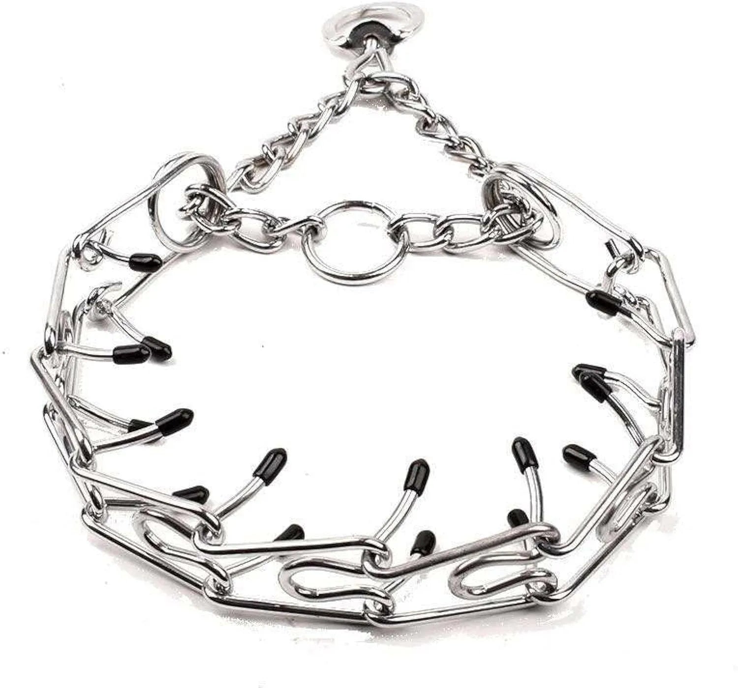 Stainless steel dog training pinch collar with rubber comfort tips on adjustable chain links