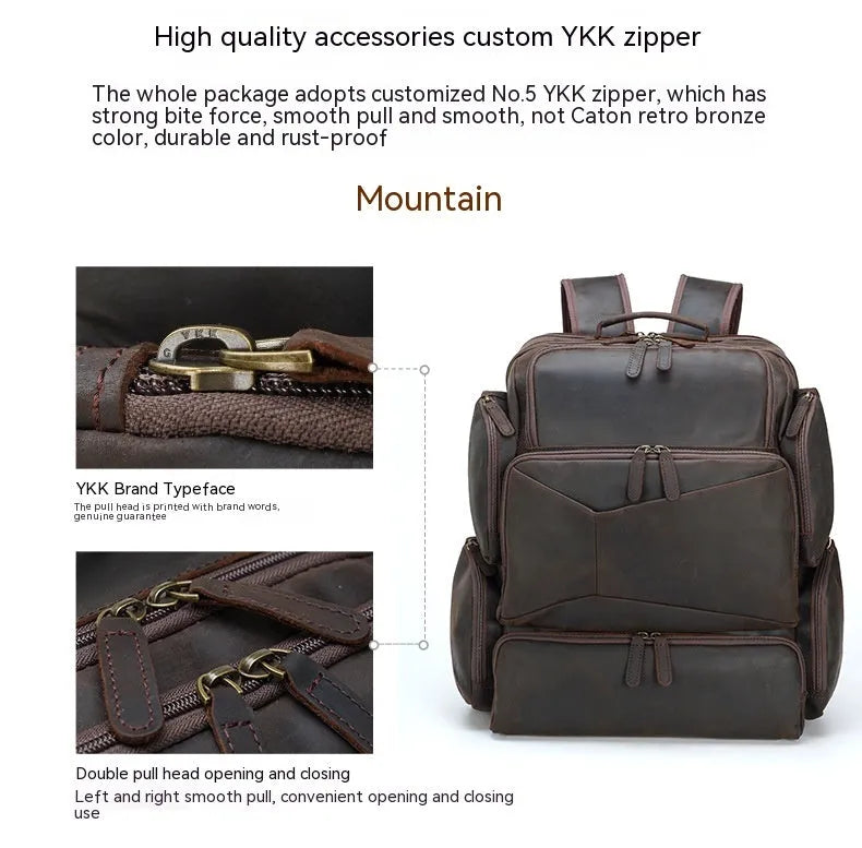 Dark brown Retro Crazy Horse leather backpack for men with a 17-inch laptop compartment open.