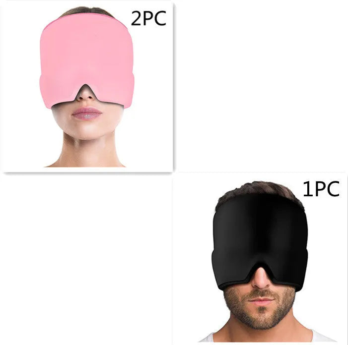 Black elastic cloth gel ice headache relief eye mask showing adjustable headband and cooling gel construction