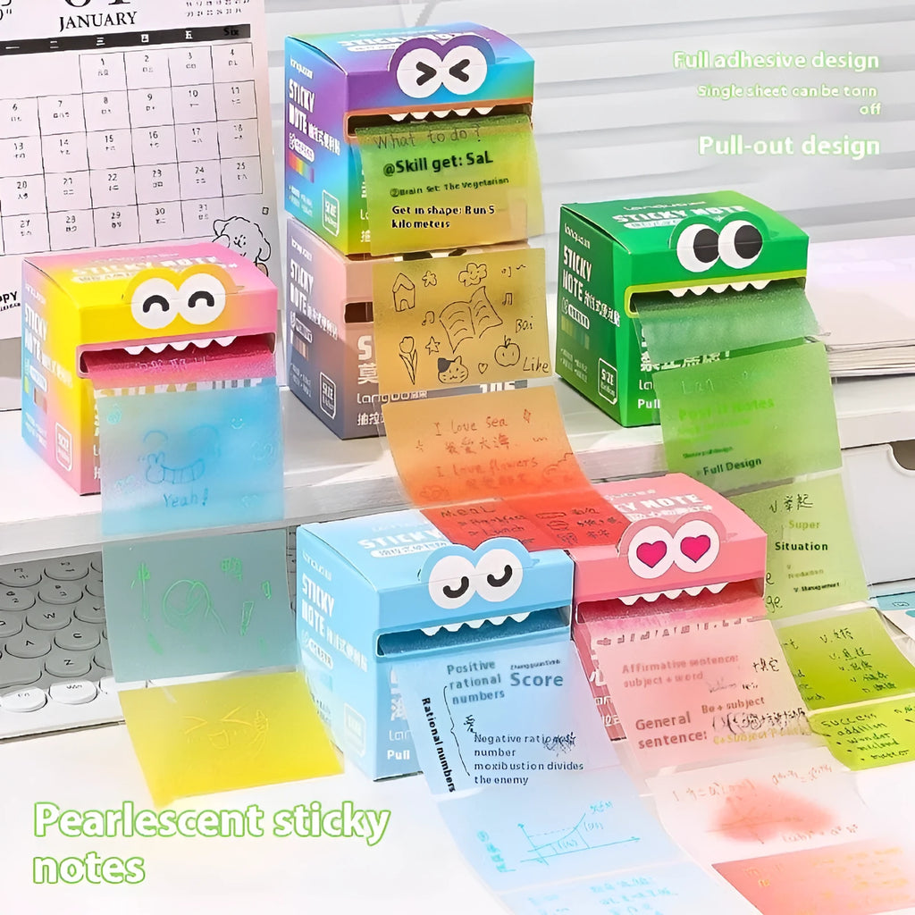 Box of pearl gradient transparent pull-out sticky notes with 105 pages, showing multiple colour theme options.