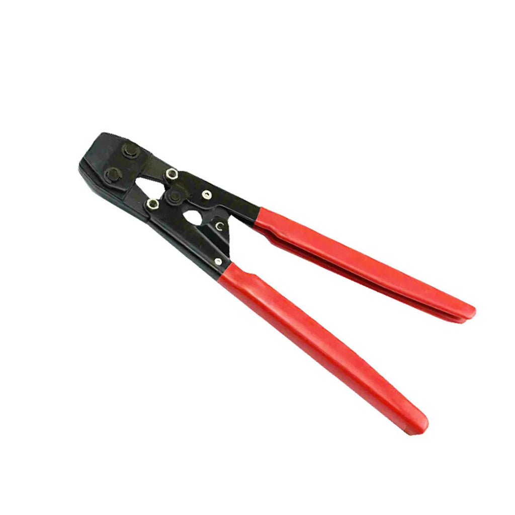 Red cloth style single-ear metal PEX pipe clamp with carbon steel cutting edge.