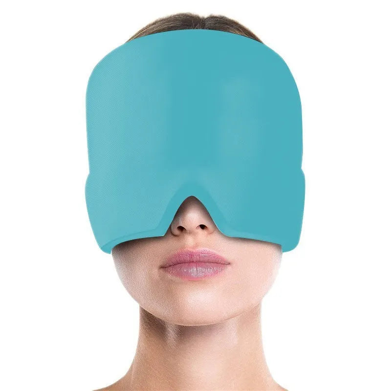 Black elastic cloth gel ice headache relief eye mask showing adjustable headband and cooling gel construction