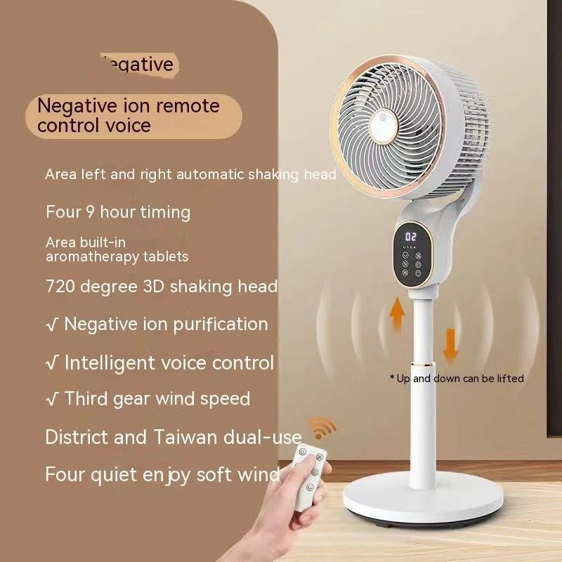 Air circulator fan with remote control, lifting head, and shaking function in household setting
