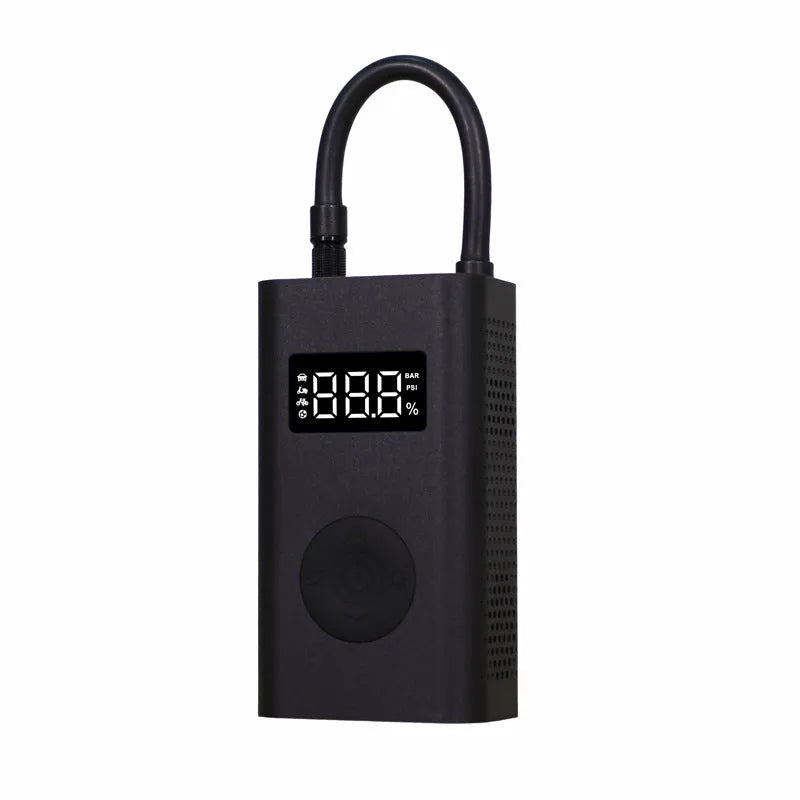 Black wireless cordless car air pump with USB charging, 150psi, 25L/min, 2000mAh, and LED light