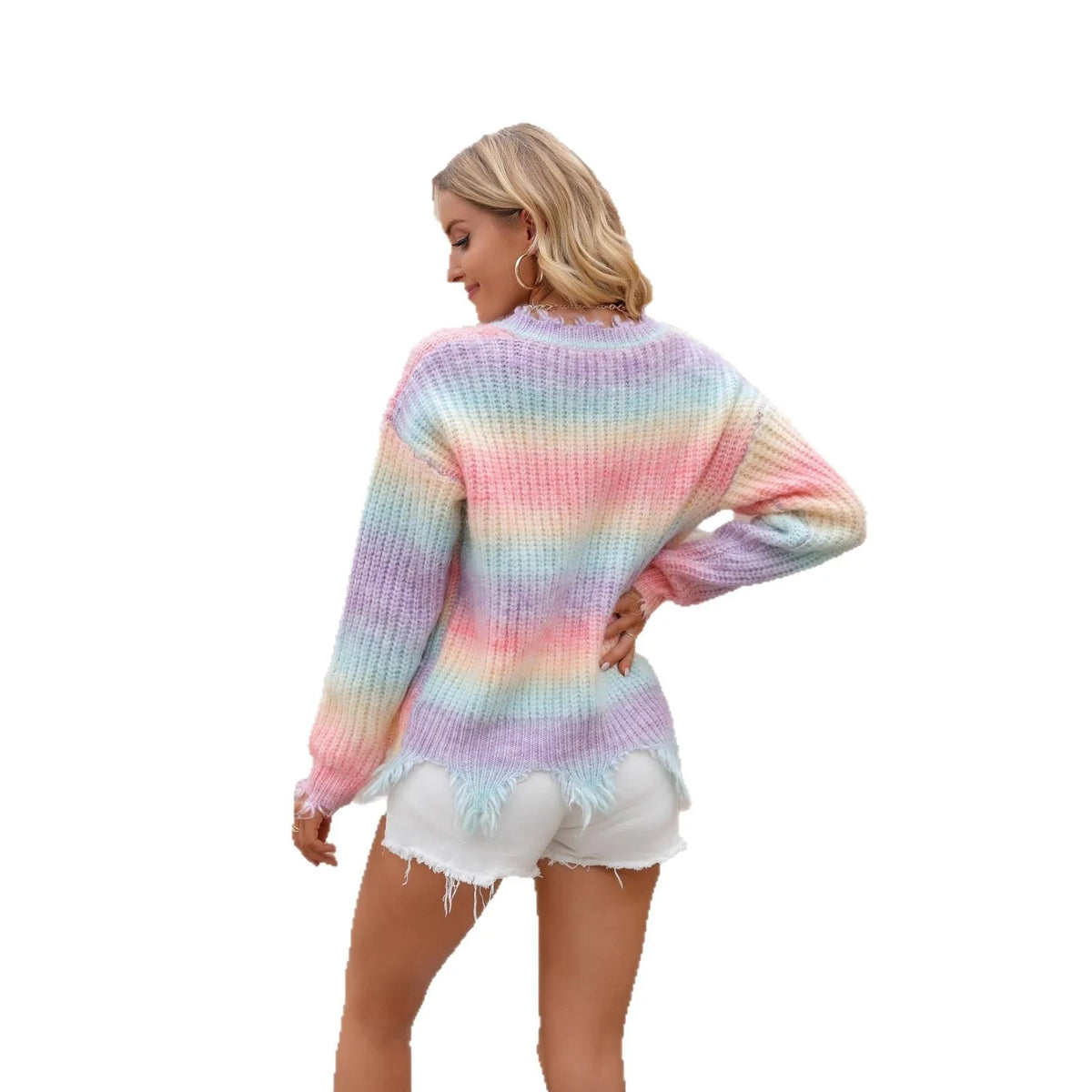 Pink loose cut knitted pullover sweater with rainbow gradient pattern and tassel detail, sizes S to XL