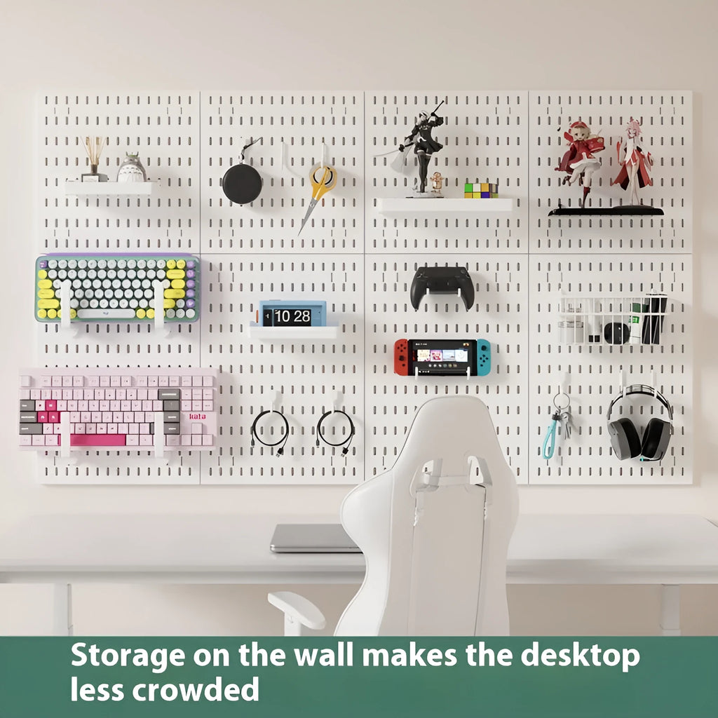 White punch-free wire wrap board storage rack mounted on a wall organising cables.