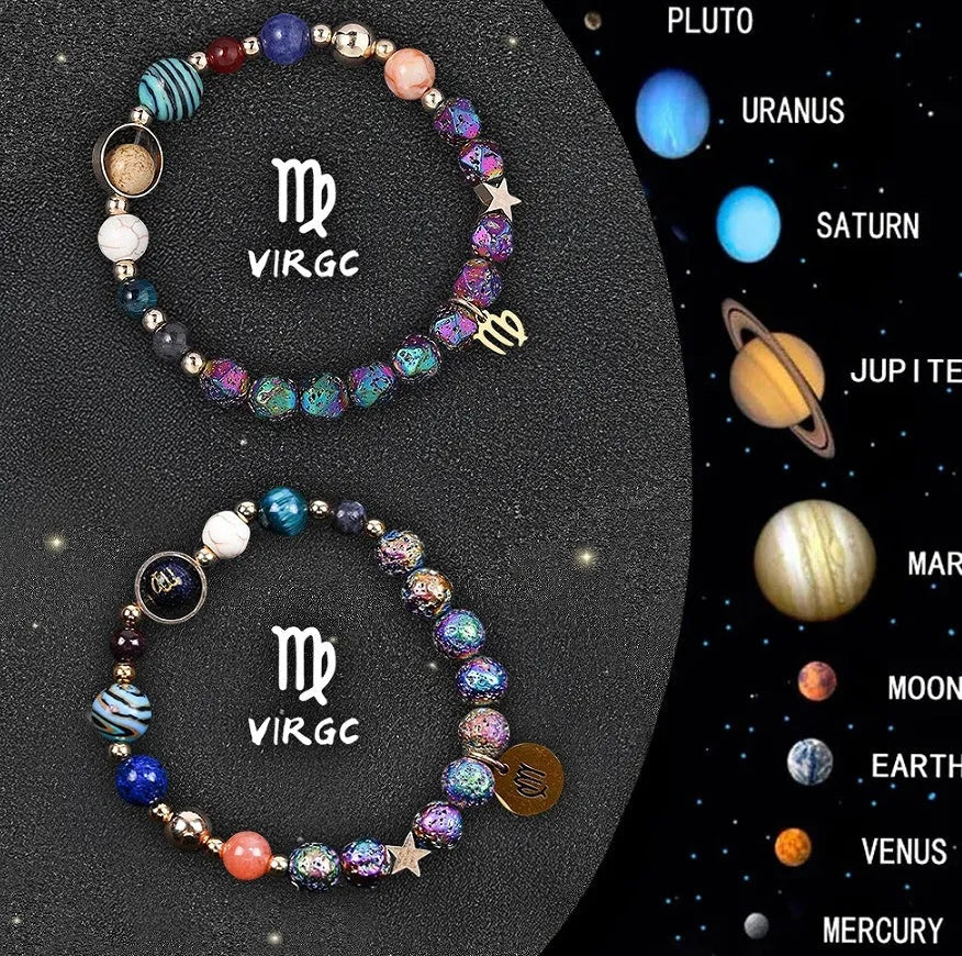 Adjustable natural stone beaded bracelet on wrist with sliding knot, representing a zodiac sign.