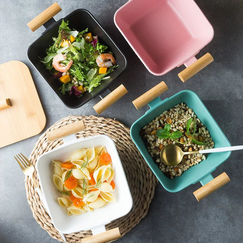Modern irregular-shaped porcelain bowl with lid in black, green, pink, or white.