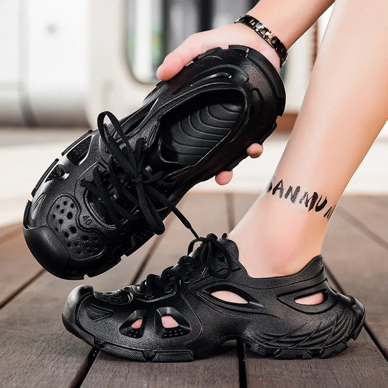 Men's non-slip lace-up outdoor sandals with EVA sole, mid-heel, side view