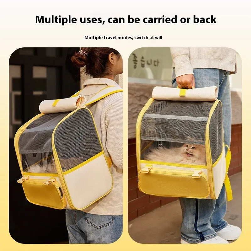 Large capacity pet backpack in Oxford cloth, medium hard, quiet gray or sunshine yellow, 8kg capacity.