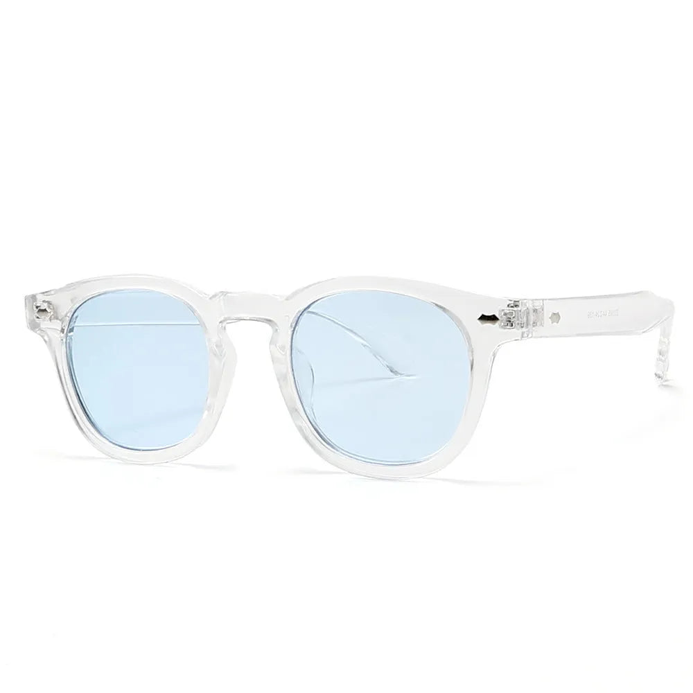 Simple round rim retro sunglasses on a plain background showing bright black frame with blue lenses.