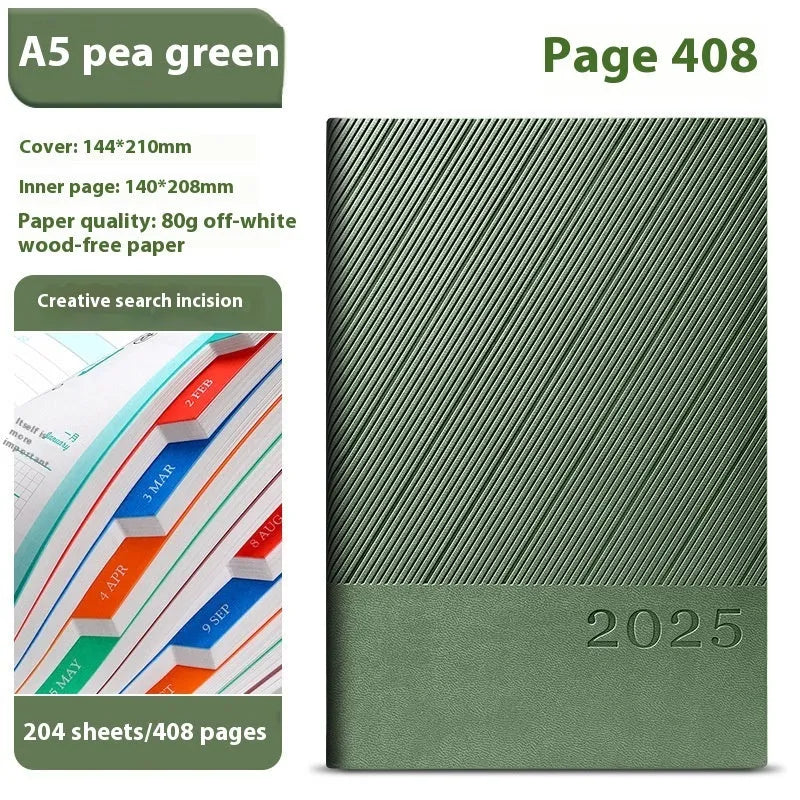 A5 PU leather notepad with striped cover showing bean green colour option next to open pages