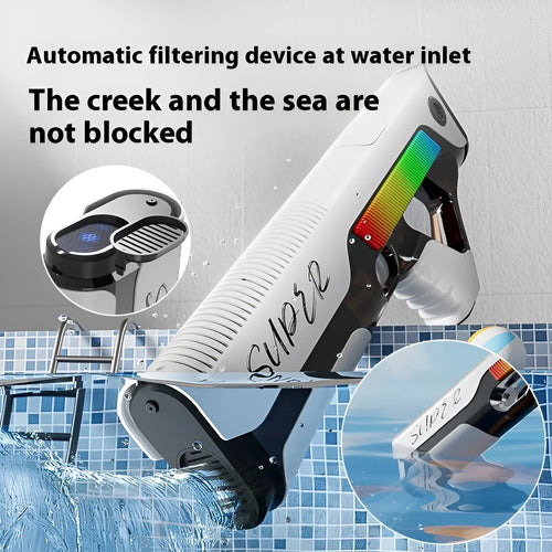 Automatic feeding electric water gun in blue with plastic body and USB port, 42x17x5 cm outdoor toy