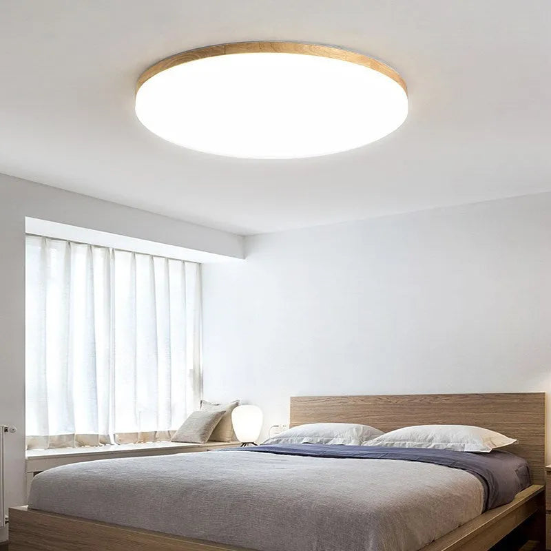 Japanese minimalist style LED ceiling light with wood art body and acrylic shade in three size options