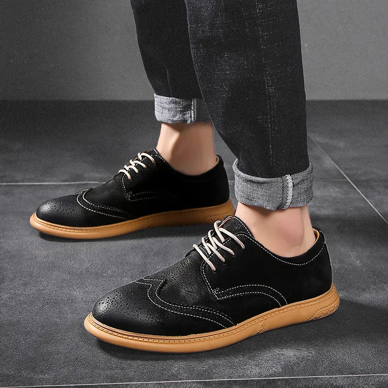 Men's black genuine leather low-top lace-up business shoes with a rubber sole.