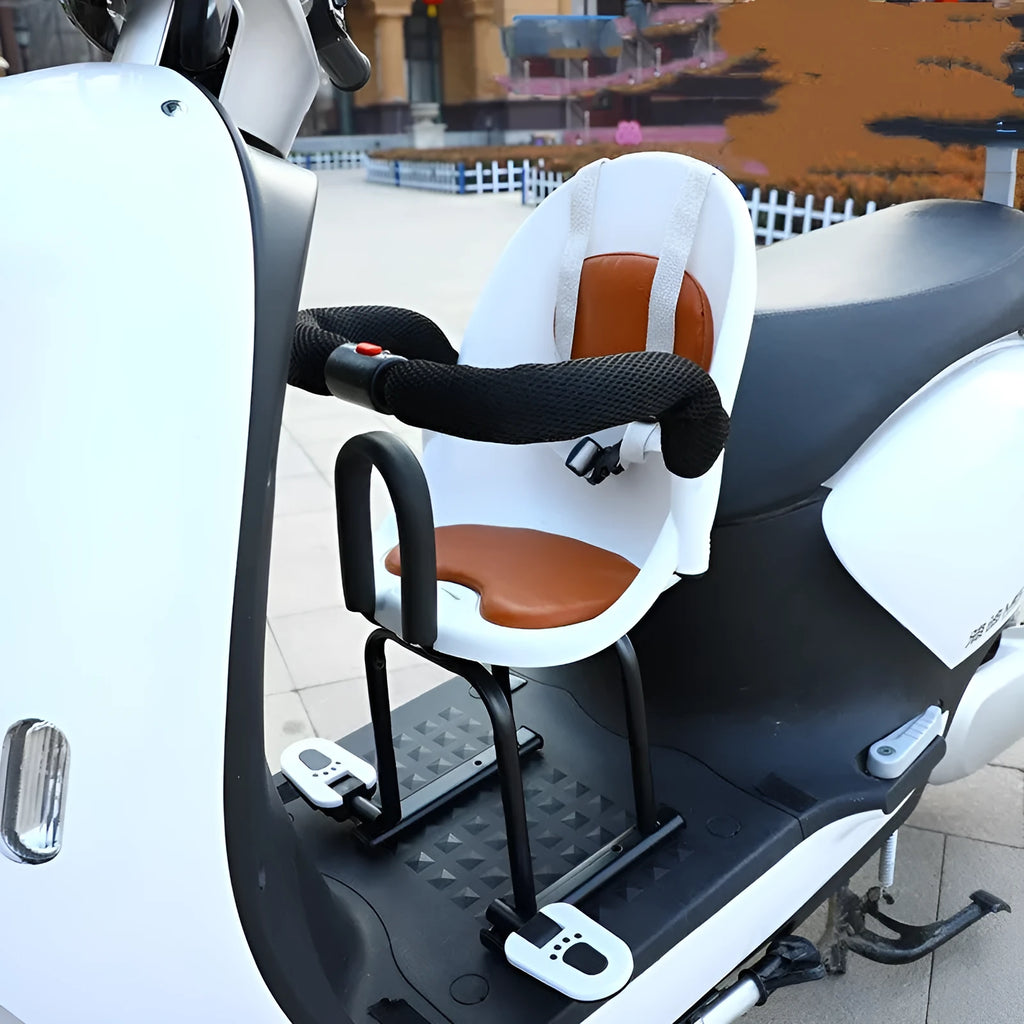 High carbon steel front child seat for battery scooter in red, white, or black.