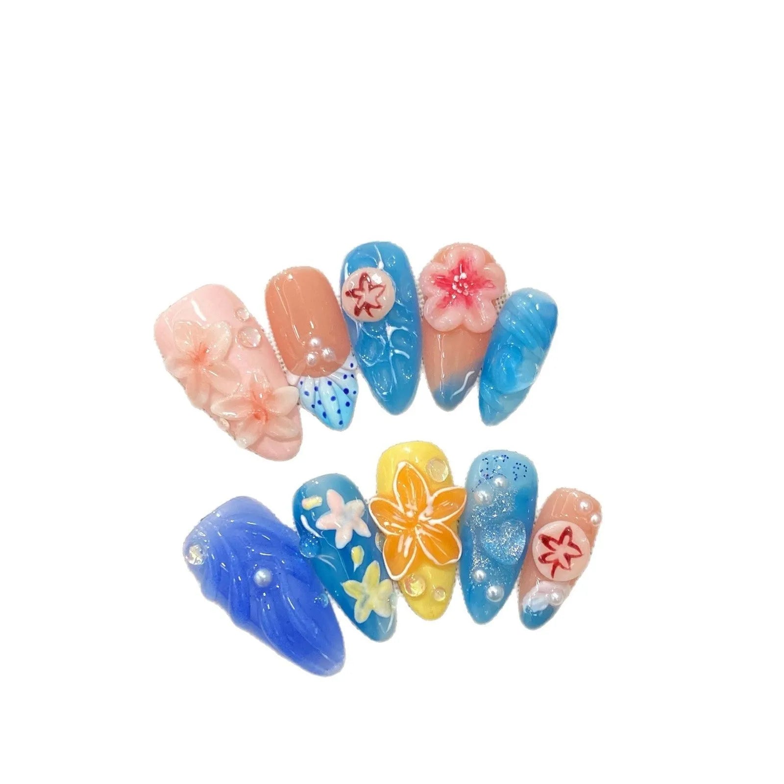 Three-dimensional carved jellyfish design plastic armour set in almond nail colour with marine styling