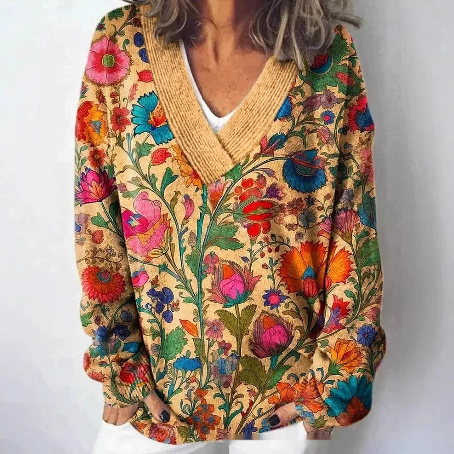 Women's V-neck sweatshirt with 3D floral pattern print in polyester fabric