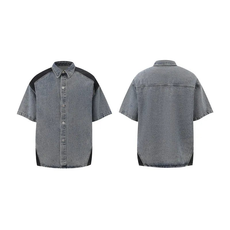 Retro washed denim short-sleeve jacket and matching jeans set in blue.