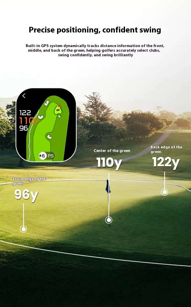 GenePro G1 black golf GPS rangefinder with AMOLED display showing distance measurement