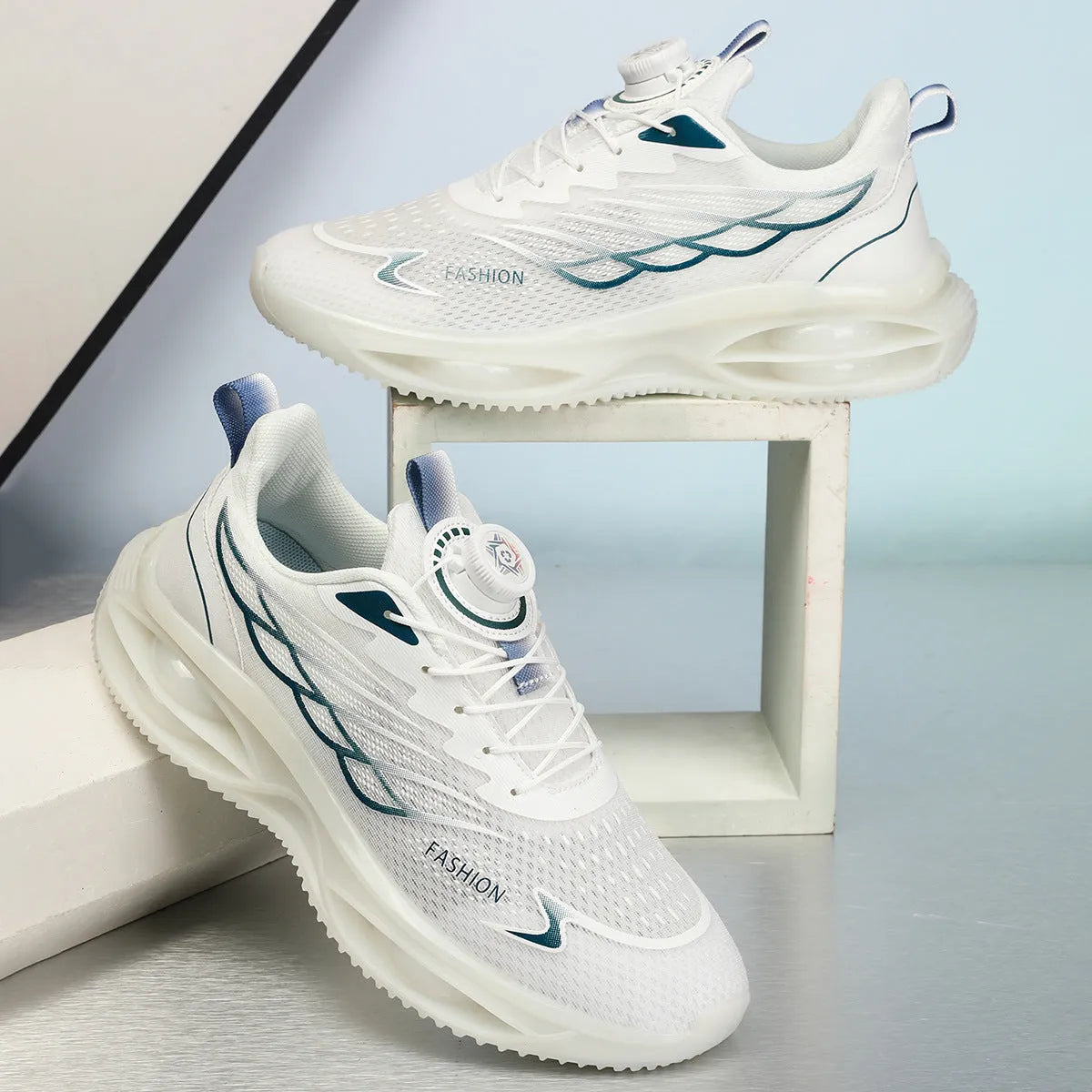 Breathable running shoes in sky blue with low-top design, round toe, and rubber sole