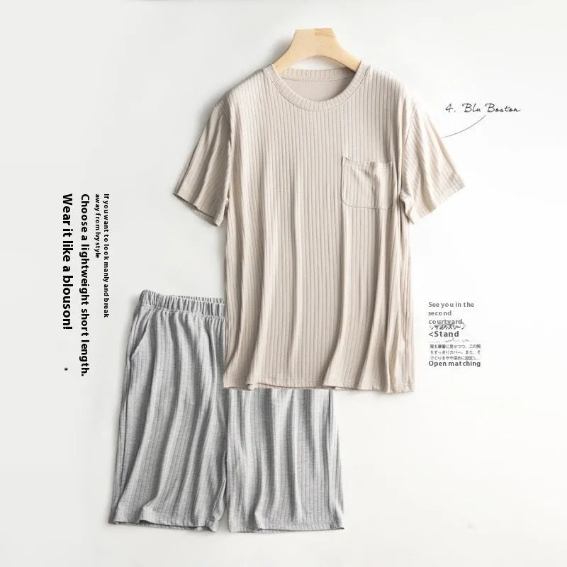Men's thin polyester summer home wear suit with short sleeve T-shirt and matching shorts in oatmeal and deep gray colour combination