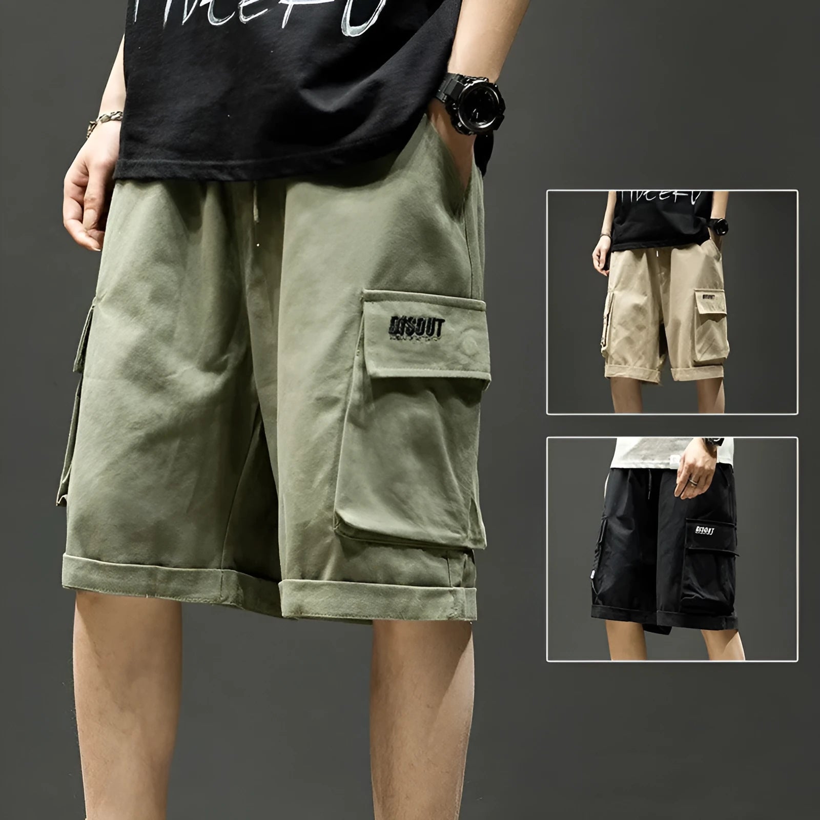 Men's cotton cargo shorts in khaki with multiple pockets and tie-cord front closure